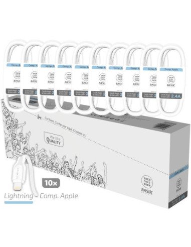 Pack 10 cables lightning tech one tech basik tec2952/ usb macho - lightning macho/ 1m/ blanco