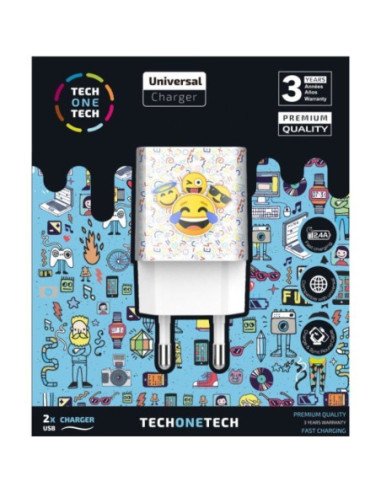 Cargador de pared tech one tech emojitech smile tec2502/ 2xusb/ 2.4a/ blanco