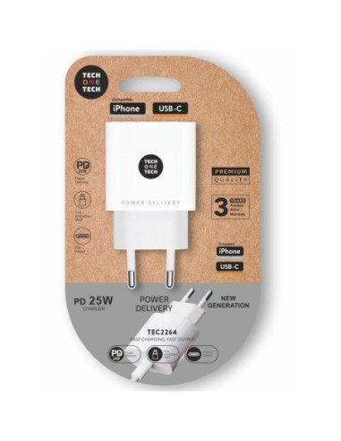 Cargador de pared tech one tech tec2264/ 1xusb tipo-c/ 25w/ blanco