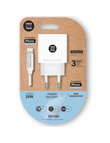 Cargador de pared tech one tech tec2265/ 1xusb tipo-c + cable lightning/ 3a/ blanco