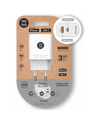 Cargador de pared tech one tech tec2267/ 1xusb tipo-c/ 1xusb/ 3a/ blanco