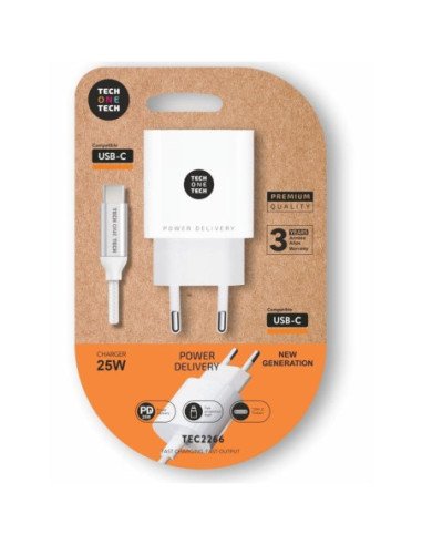 Cargador de pared tech one tech tec2266/ 1xusb tipo-c + cable usb tipo-c/ 3a/ blanco