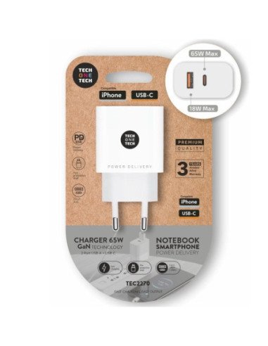 Cargador de pared gan tech one tech gan tec2270/ 1xusb tipo-c/ 1xusb/ 65w/ blanco