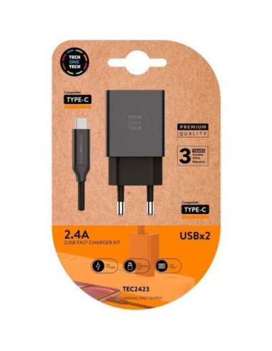 Cargador de pared tech one tech tec2423/ 2xusb + cable usb tipo-c/ 2.4a/ negro
